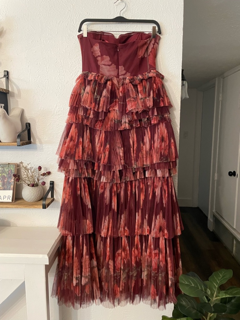 Hutch Burgundy Floral Strapless Tiered Maxi Dress Size 4 - Picture 3 of 8